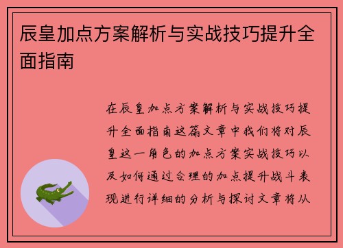 辰皇加点方案解析与实战技巧提升全面指南